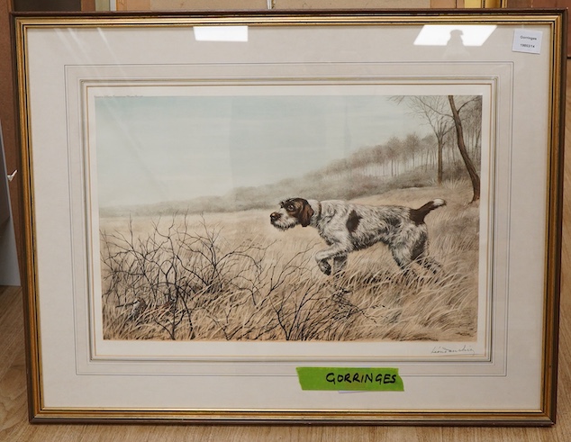 Leon Danchin (1887-1938), A pointer at work, signed in pencil, dry point etching with hand colouring, 40 x 58cm